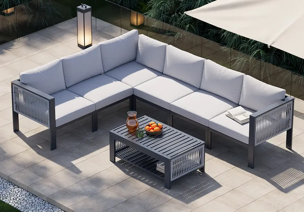 Fencura 7-Piece Outdoor Aluminum & Rope Weave Modular Sectional Set in Light Gray