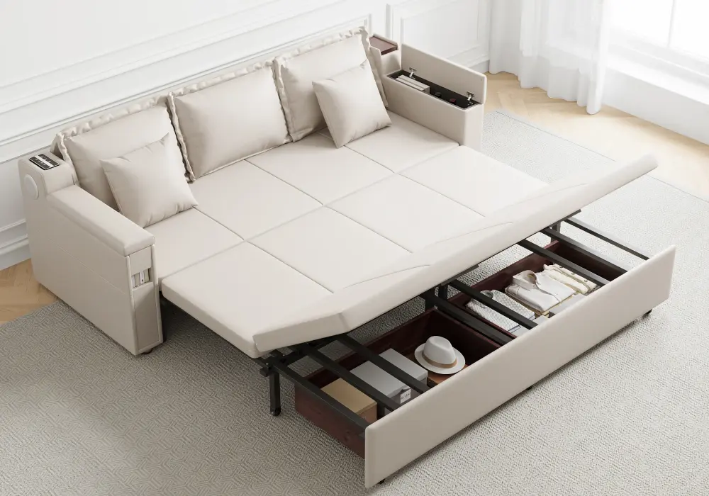 83" King 3-Seater Leather Sleeper Sofa with Speaker & USB Ports