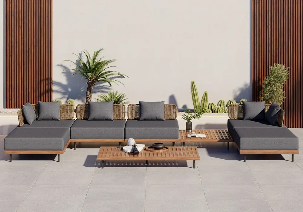 8 PiecesTeak & Aluminum & Rattan Outdoor Sectional Sofa Set with Coffee Table