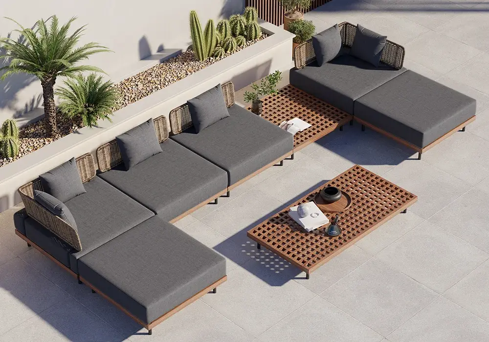 8 PiecesTeak & Aluminum & Rattan Outdoor Sectional Sofa Set with Coffee Table