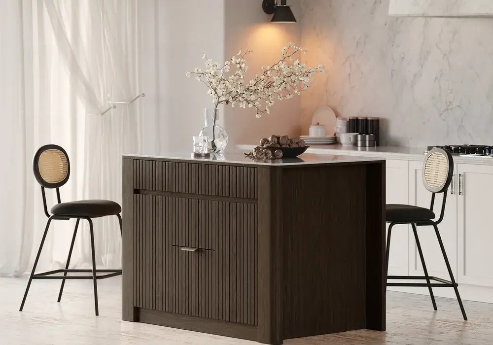 Mid-Century 51" Glossy Sintered Stone Top Kitchen Island with Storage, Smoked Brown