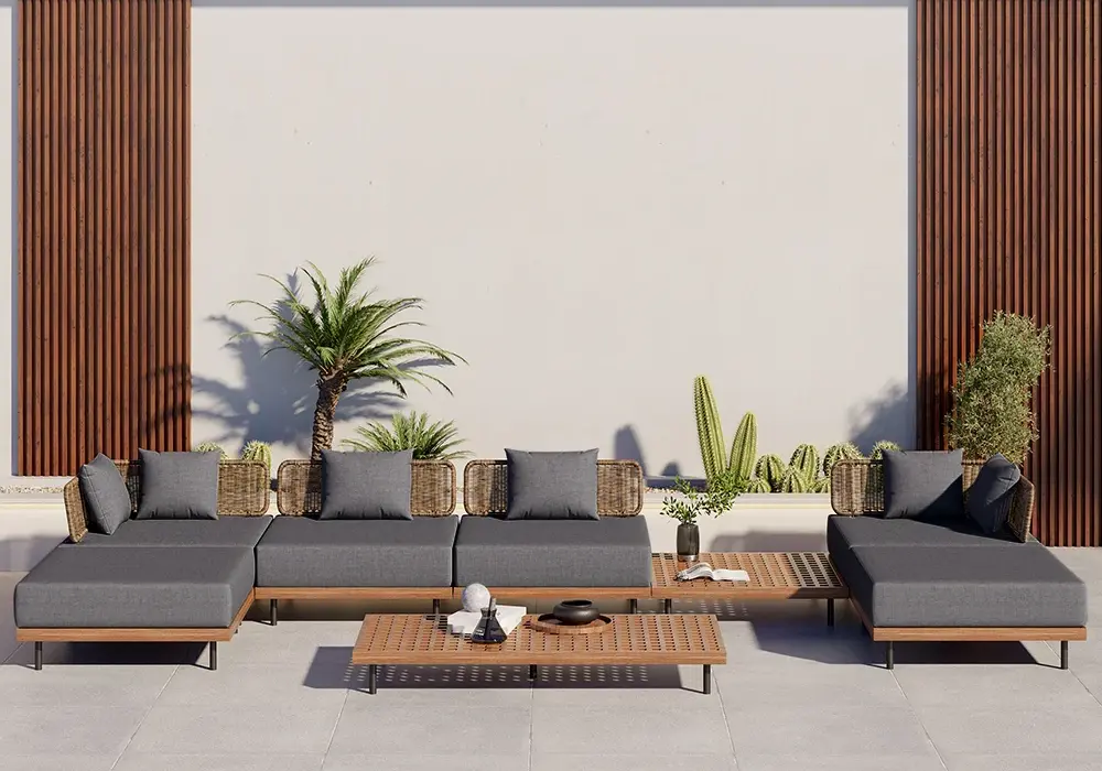 8 PiecesTeak & Aluminum & Rattan Outdoor Sectional Sofa Set with Coffee Table