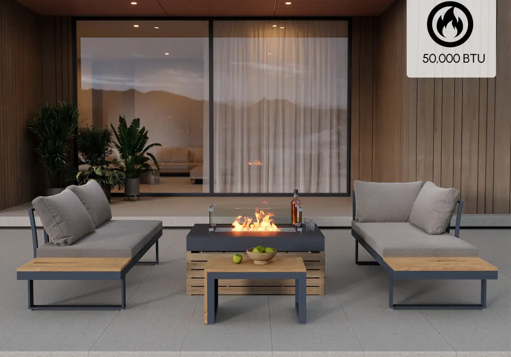 4-Pieces Modular L-Shaped Teak Sectional Outdoor Sofa Set with Fire Pit in Gray
