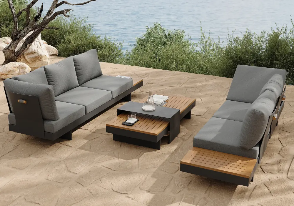 Tevara 4-Piece Outdoor Teak & Aluminum Modular Sofa Set with Coffee Table for 6 in Gray