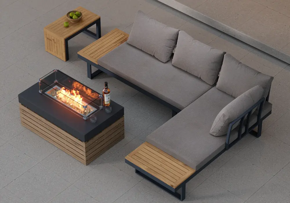 4-Pieces Modular L-Shaped Teak Sectional Outdoor Sofa Set with Fire Pit in Gray