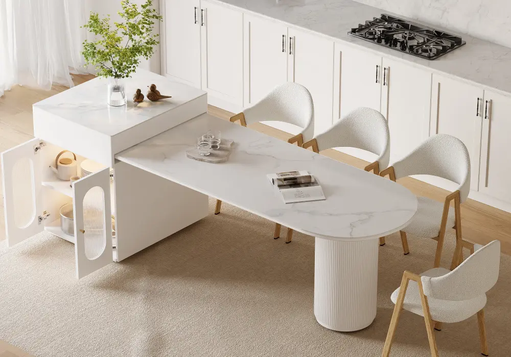 71"-83" Extendable Glossy Sintered Stone Kitchen Island with Cabinets & LED Lights