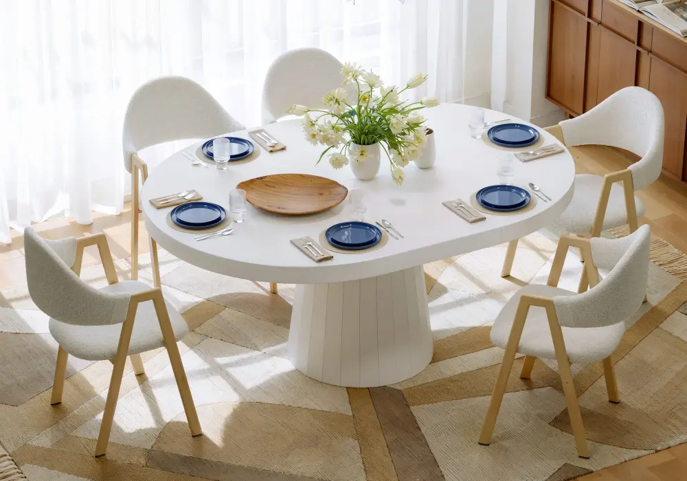 Japandi 39"–55" Extendable Round-to-Oval Wood Dining Table–Warm White, Seats 4-6