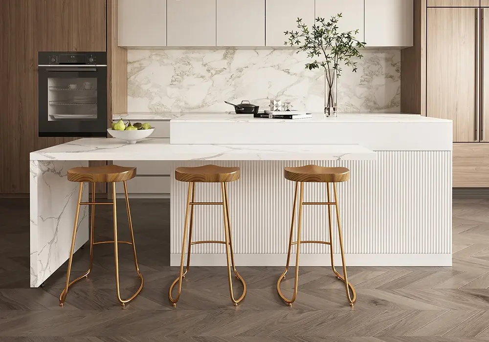 Modern 81"–106" Extendable Marble Pattern Kitchen Island with Doors & Drawers, White