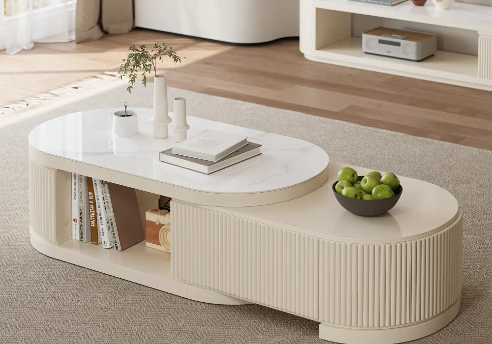 Velar 1194 mm-1702 mm Extendable Fluted Coffee Table with Sintered Stone Top & Storage