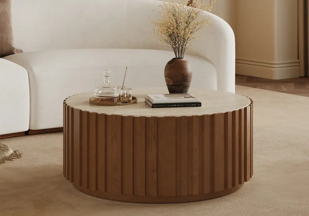 Aura 889 mm Ash Wood Slatted Round Coffee Table with Sintered Stone Top