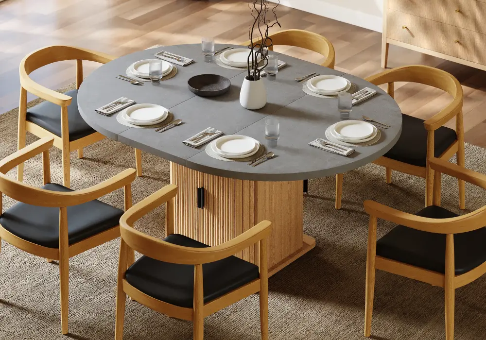 Modern 1194 mm-1600 mm Extendable Dining Table with Storage & Fluted Base, Seats 4-6