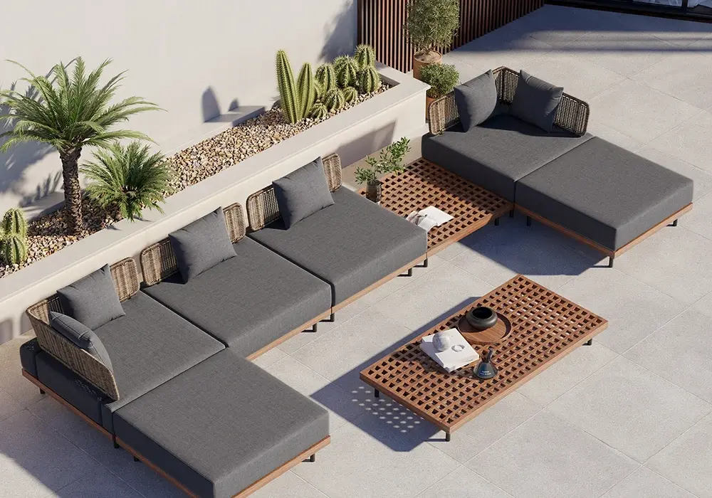 8 PiecesTeak & Aluminum & Rattan Outdoor Sectional Sofa Set with Coffee Table