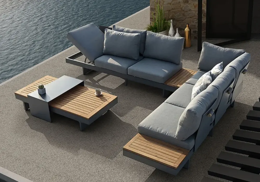 Tevara 4-Piece Outdoor Teak & Aluminum Modular Sofa Set with Coffee Table for 6 in Gray