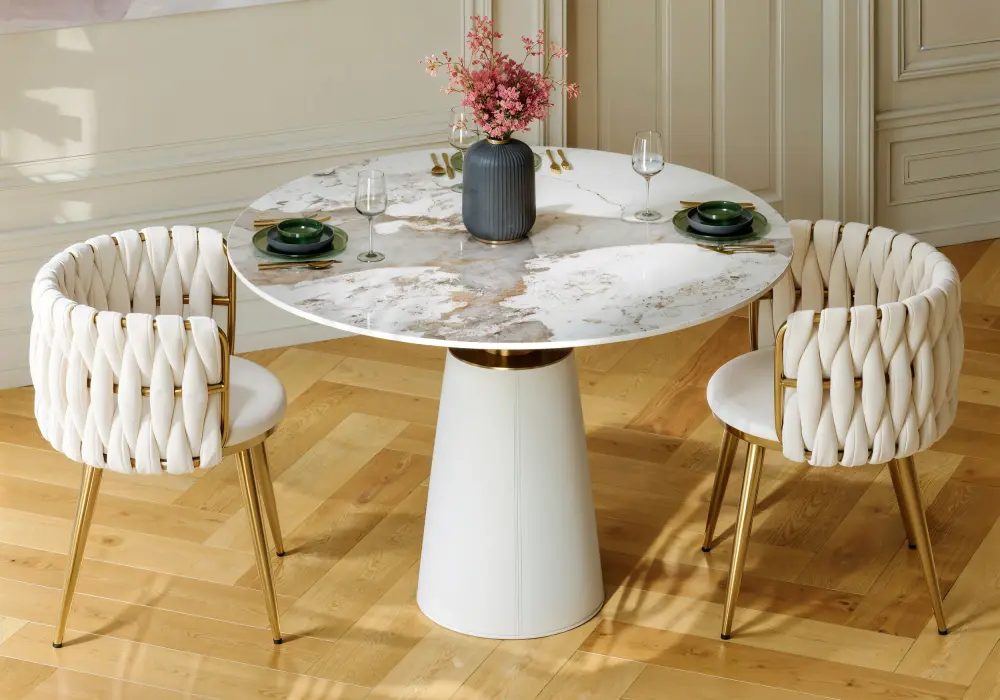 Modern 991 mm Round Glossy Sintered Stone Dining Table with Leather-Wrapped Base, Seats 2
