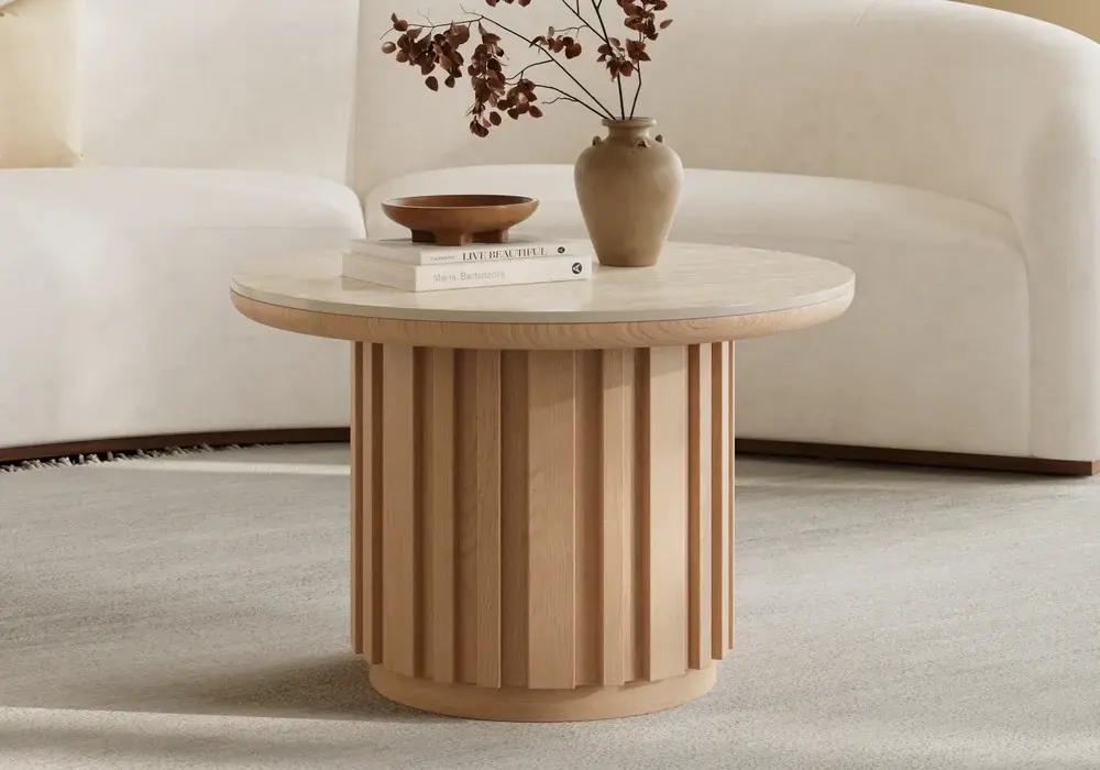 Aura Ash Wood Slatted Round Coffee Table with Sintered Stone Top