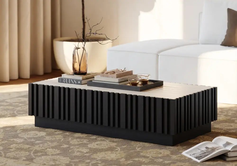 Aura 47" Ash Wood Slatted Coffee Table with Sintered Stone Top