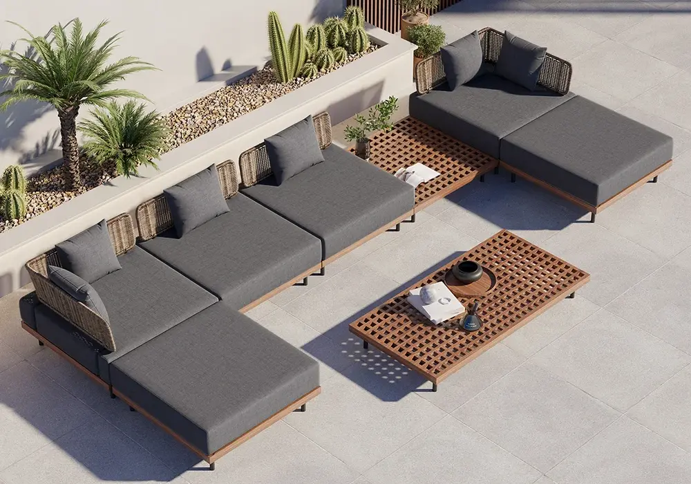 8 PiecesTeak & Aluminum & Rattan Outdoor Sectional Sofa Set with Coffee Table