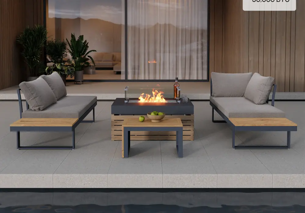 4-Pieces Modular L-Shaped Teak Sectional Outdoor Sofa Set with Fire Pit in Gray