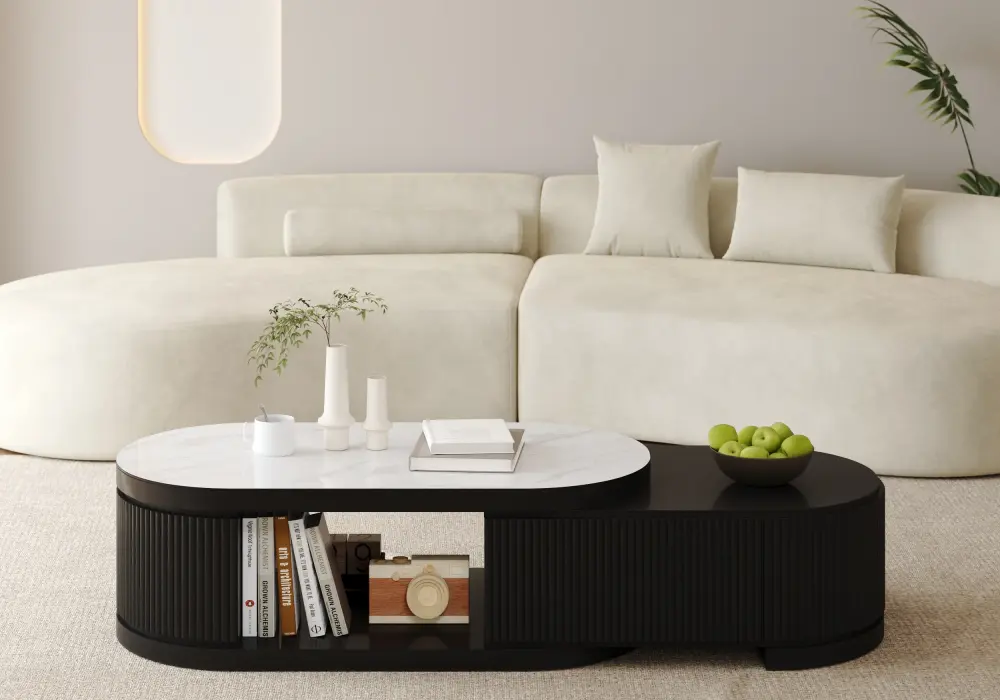 Velar 47"-67" Extendable Fluted Coffee Table with Sintered Stone Top & Storage