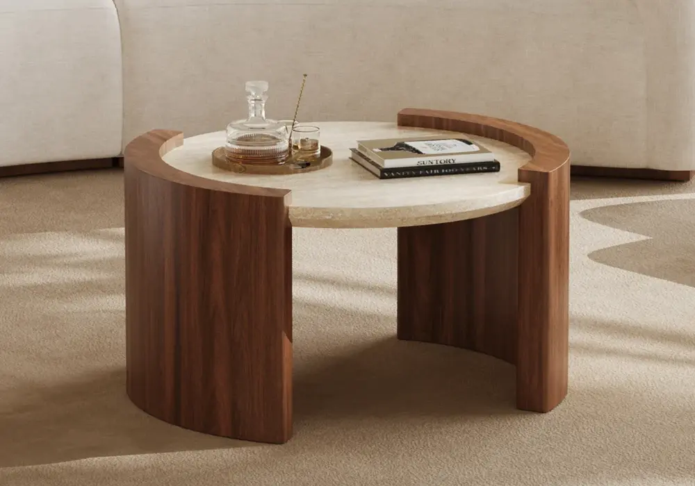 28" Walnut Round Coffee Table with Travertine Top