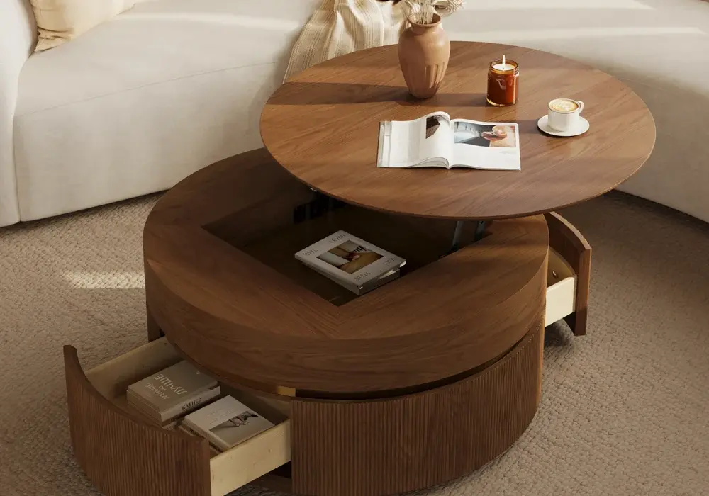32" Fluted Lift-Top Round Walnut Coffee Table with 2 Drawers