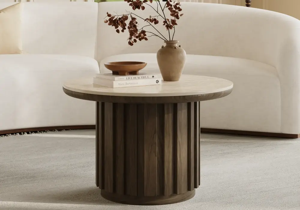 Aura Ash Wood Slatted Round Coffee Table with Sintered Stone Top