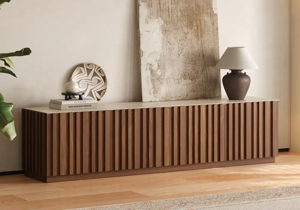 Aura 83" Ash Wood Fluted Walnut TV Stand with Sintered Stone Top