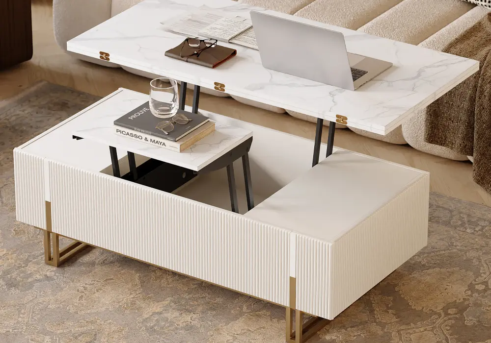 Grovyn 47" Ivory Fluted Lift-Top Coffee Table with 2 Drawers