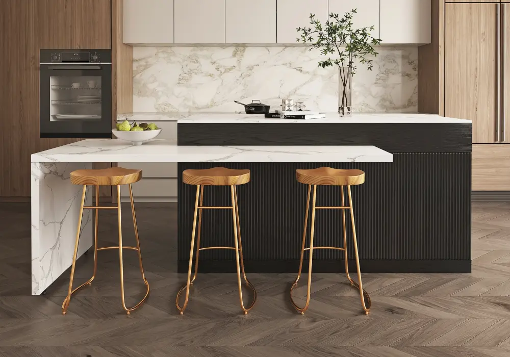 Modern 81"–106" Extendable Marble Pattern Kitchen Island with Doors & Drawers, Black