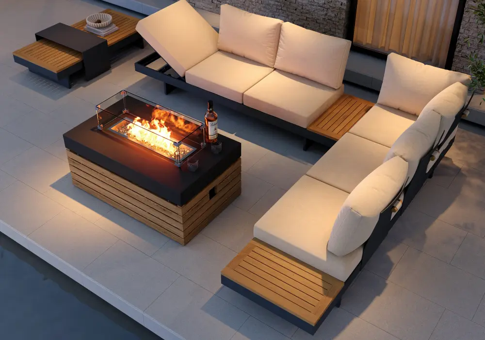 Tevara 5-Piece Modular Teak Outdoor Sofa Set with Smokeless Fire Pit for 6 Person in Beige