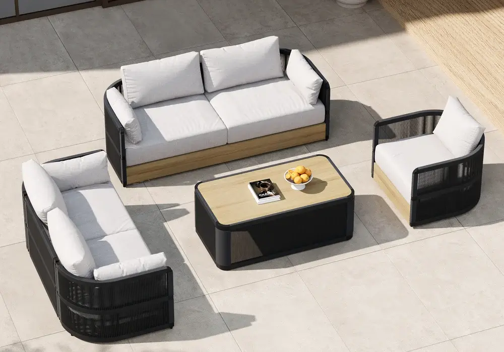 Costra 4-Piece Outdoor Rope Weave Swivel Sofa Set with Coffee Table in Black for 6