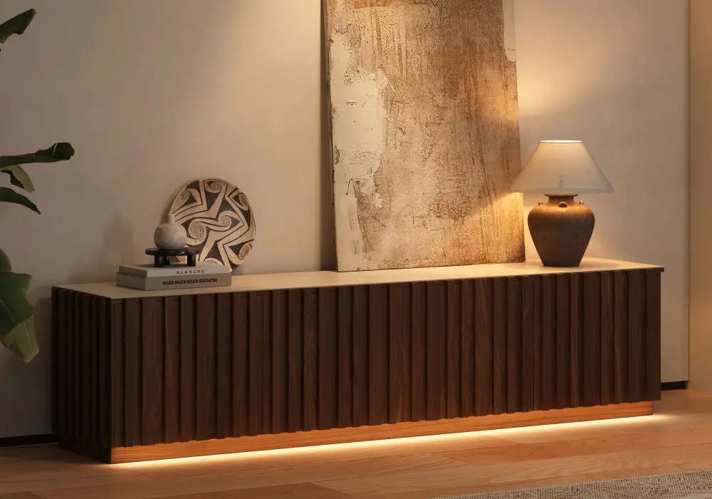 Aura 83" Ash Wood Fluted Walnut TV Stand with Sintered Stone Top