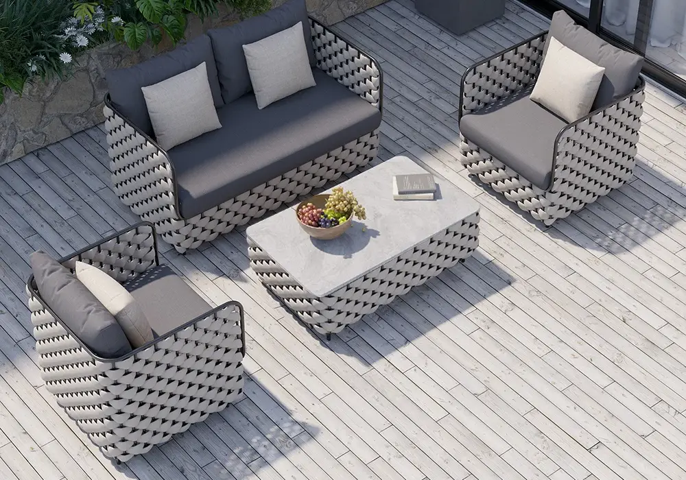 Martic 4-Piece Aluminum Rope Outdoor Sofa Set with Faux Marble Coffee Table Cushion Pillow