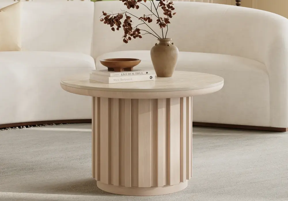Aura Ash Wood Slatted Round Coffee Table with Sintered Stone Top