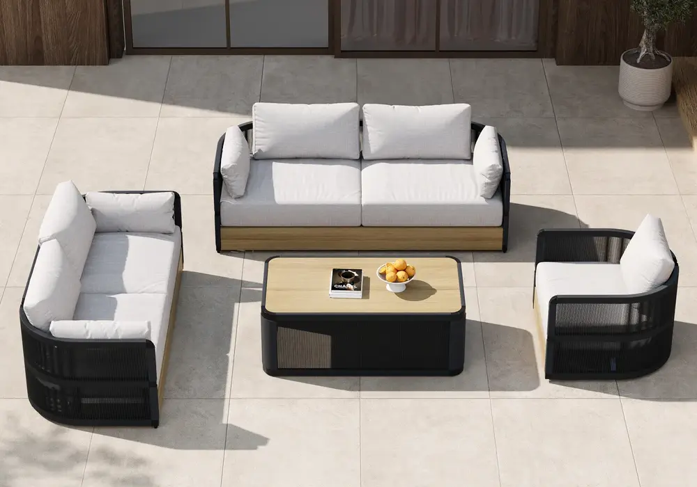Costra 4-Piece Outdoor Rope Weave Swivel Sofa Set with Coffee Table in Black for 6
