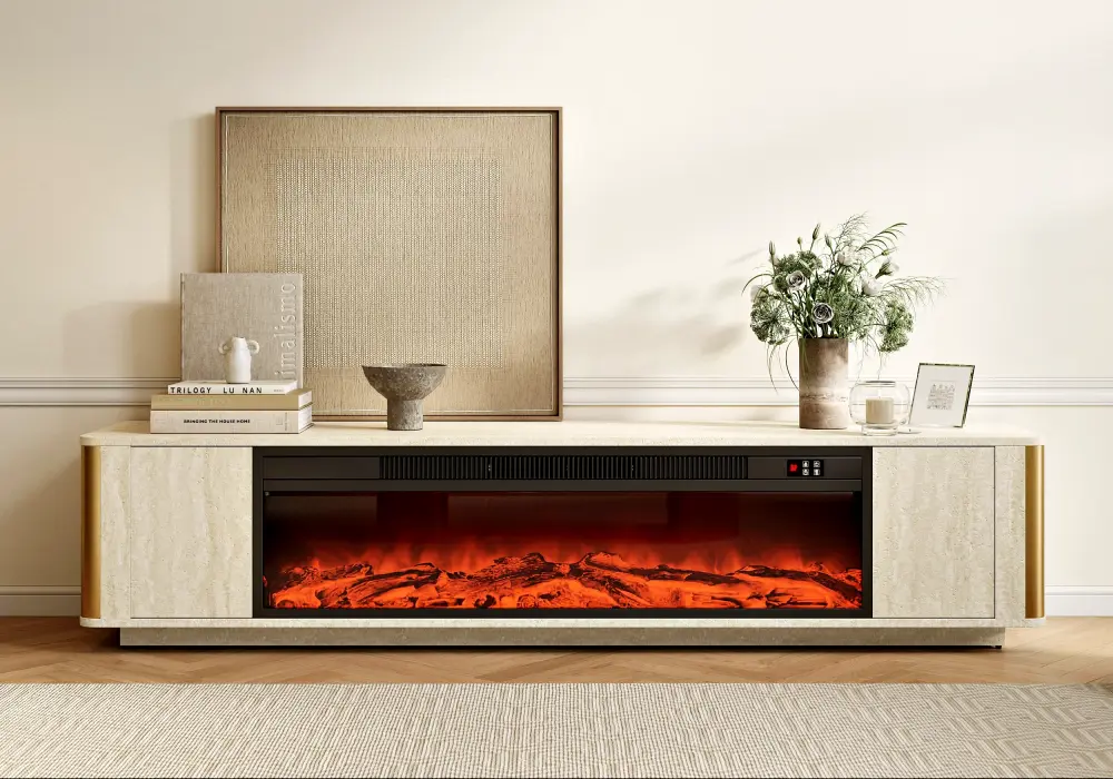 79" Travertine Veneer Electric Fireplace TV Stand with Storage