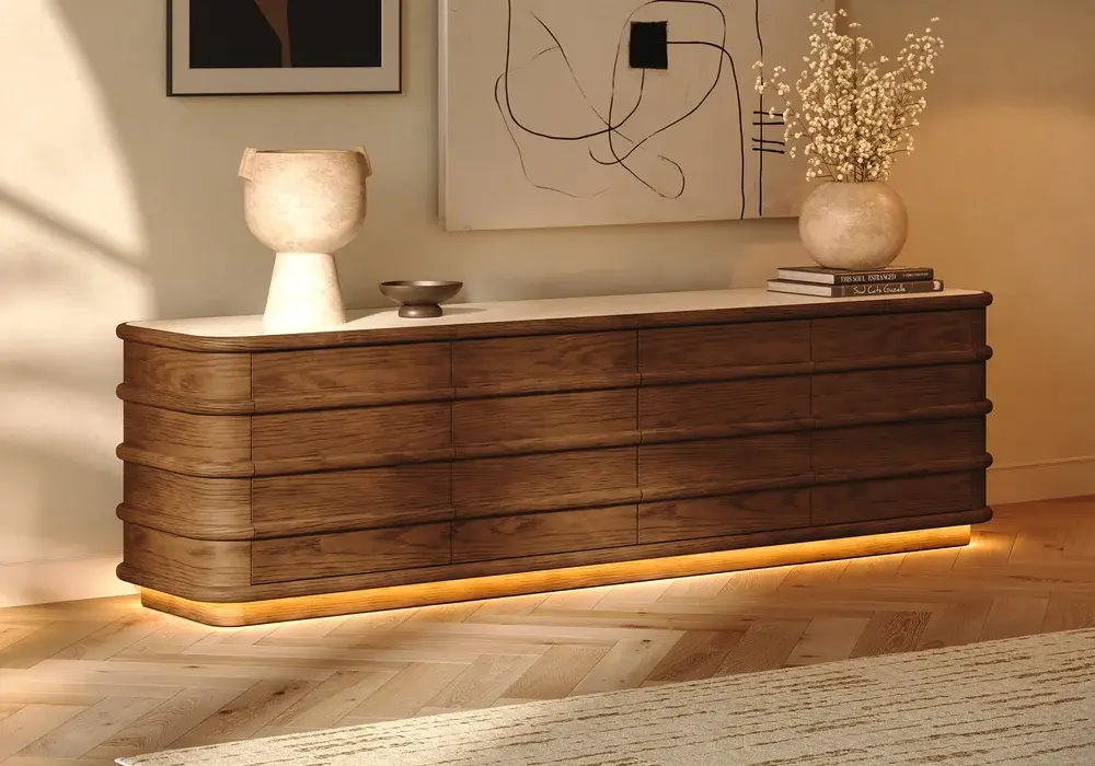 Suporte de TV de 2032 mm com tampo de pedra sinterizada e armazenamento oculto com LED