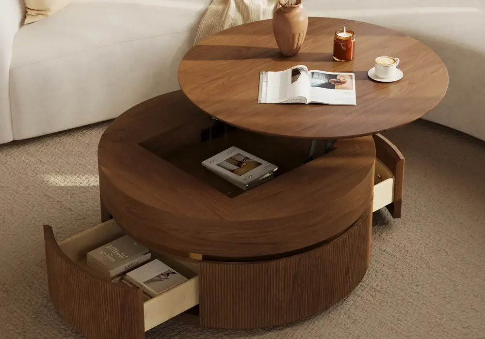 32" Round Fluted Lift-Top Hidden Storage Coffee Table