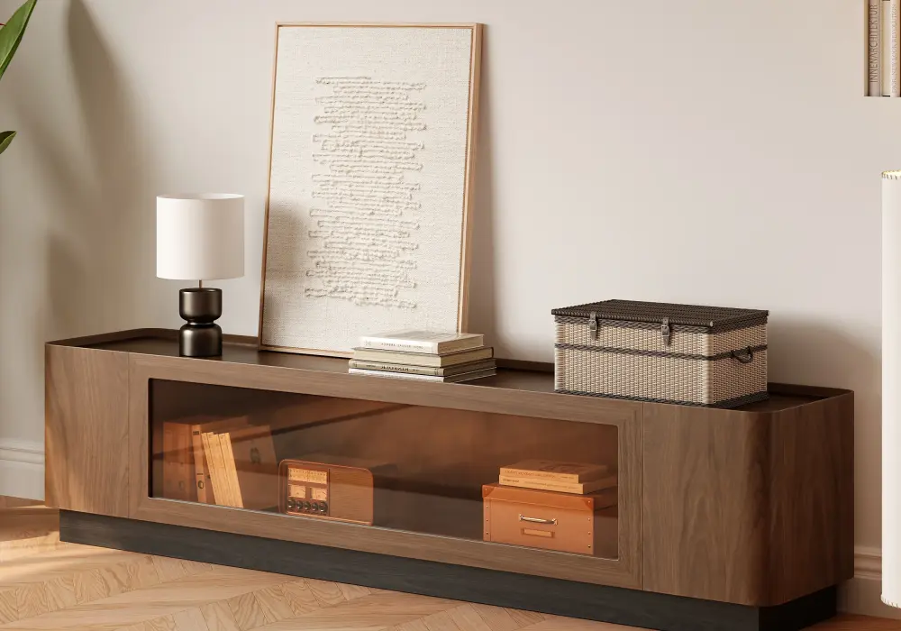 79" Walnut Veneer Glass Door LED TV Stand