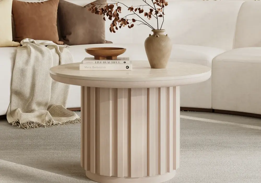 Aura Ash Wood Slatted Round Coffee Table with Sintered Stone Top