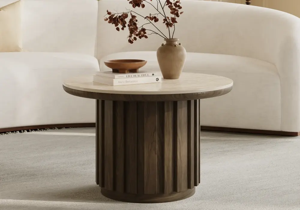 Aura Ash Wood Slatted Round Coffee Table with Sintered Stone Top