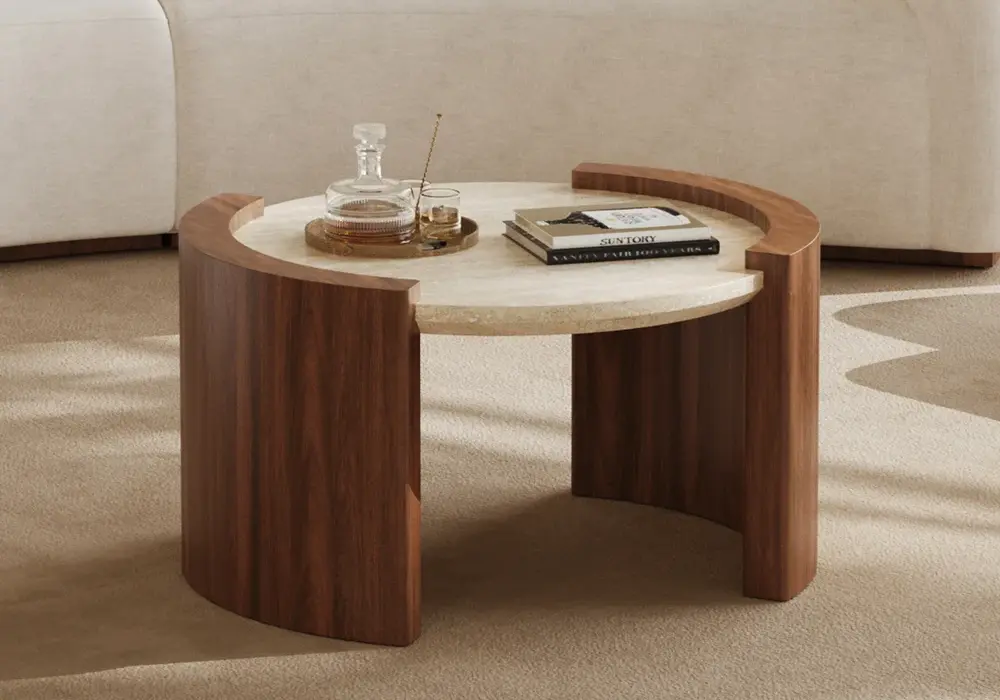 28" Round Travertine Top Coffee Table