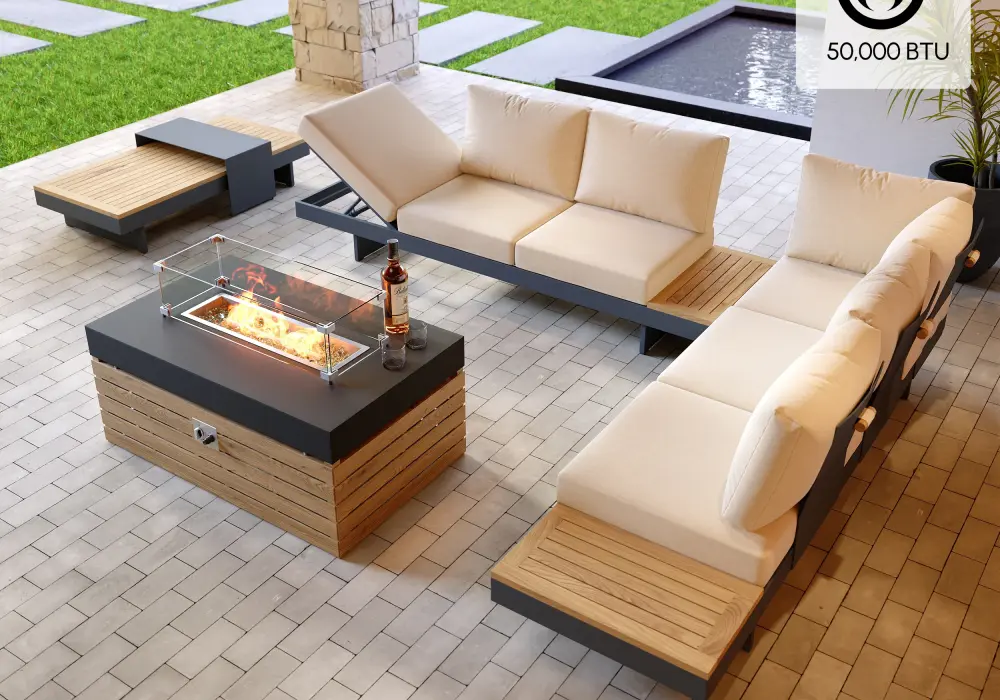 Tevara 5-Piece Outdoor Teak Modular Sofa Set with Fire Pit