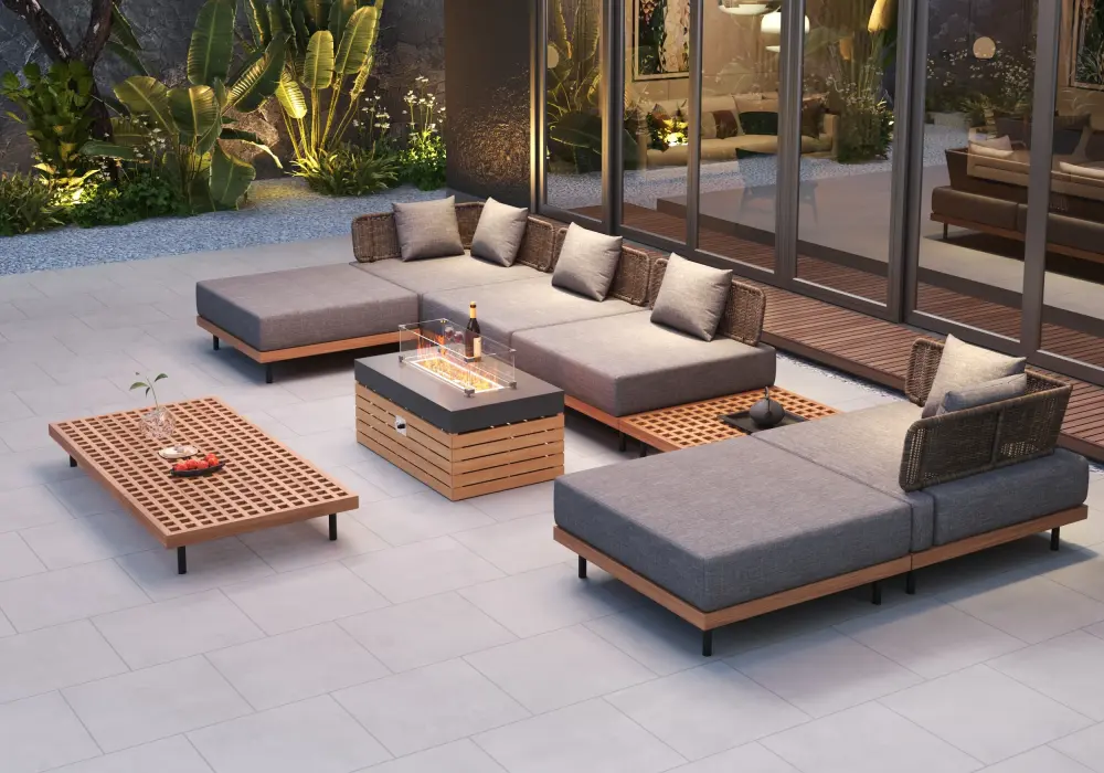 9-teiliges modulares Outdoor-Sofa-Set aus Teakholz mit Feuerstelle