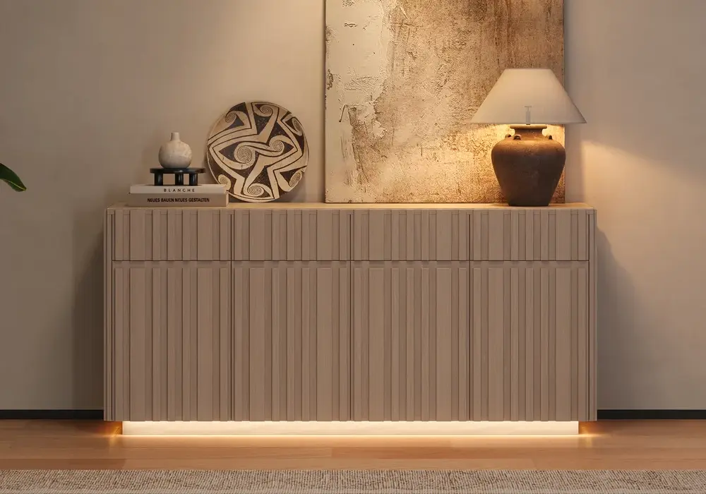 Aura 65" Ash Wood Slatted TV Stand with Sintered Stone Top