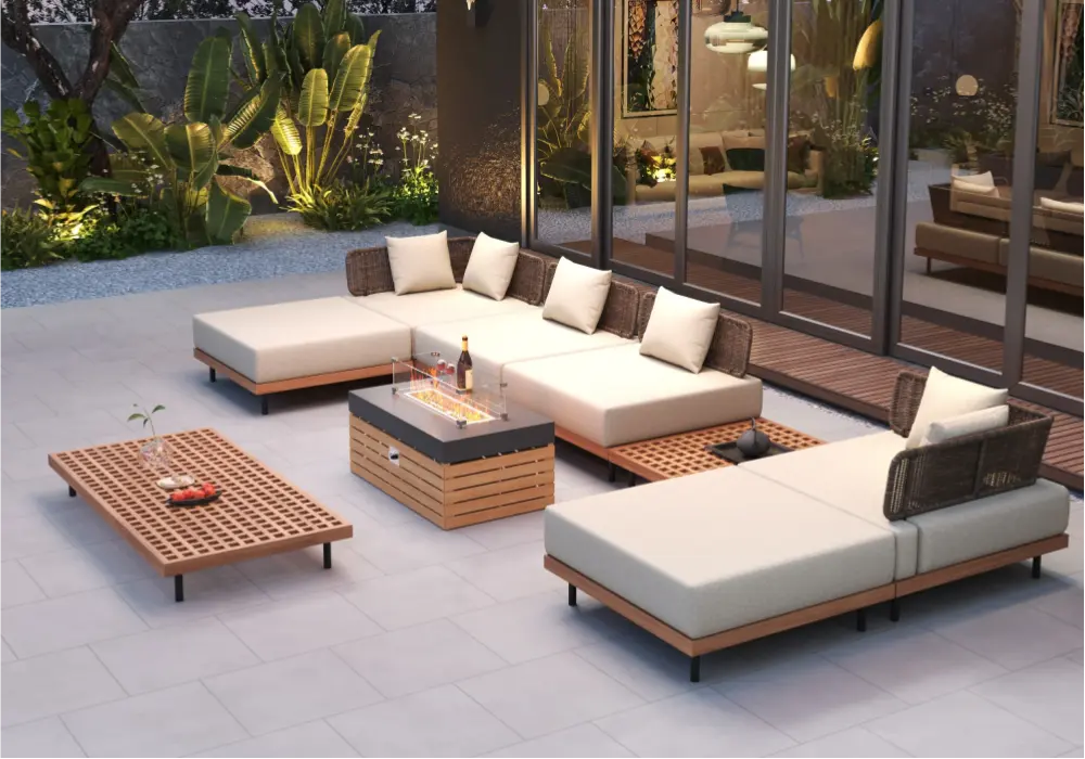 9-Piece Outdoor Teak Modular Sofa Set with Fire Pit