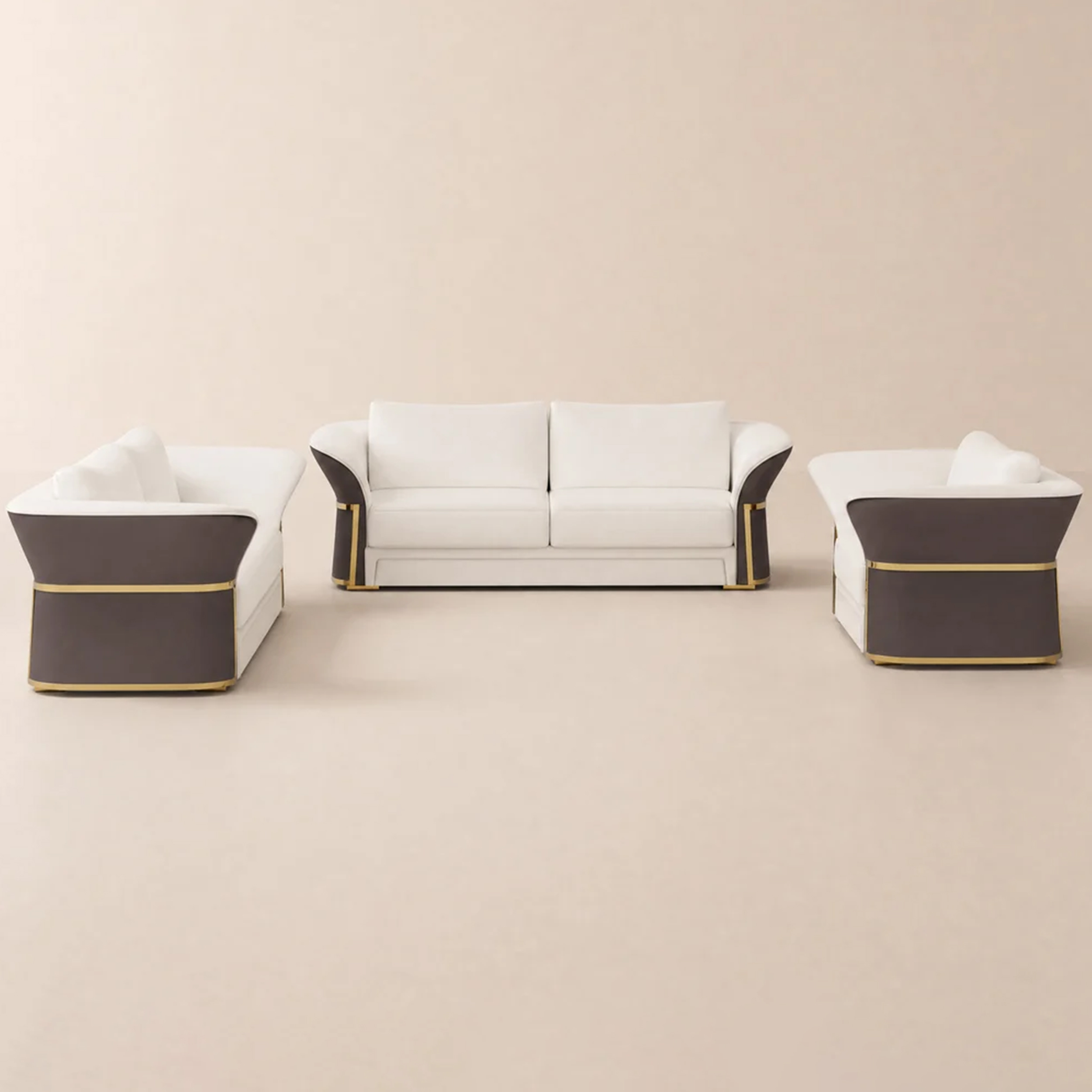Modern Faux Leather Living Room Sofa Set in Brown & White Set of 3