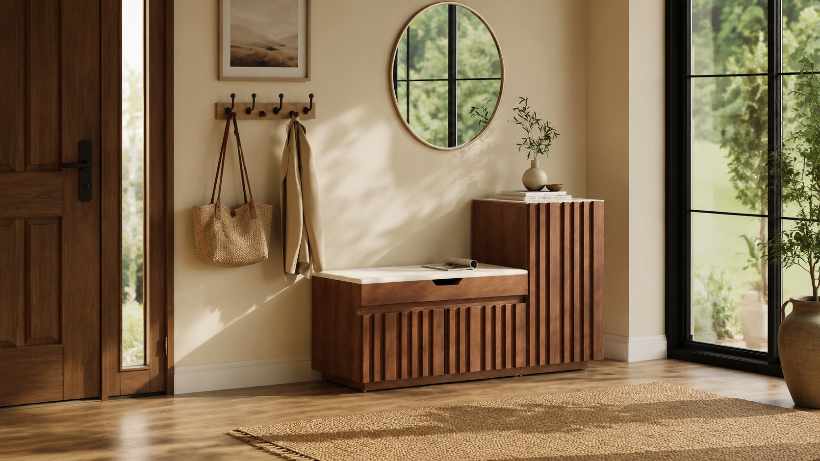 Aura 47” Walnut Wooden Shoe Storage Bench with Right-Side Cabinet