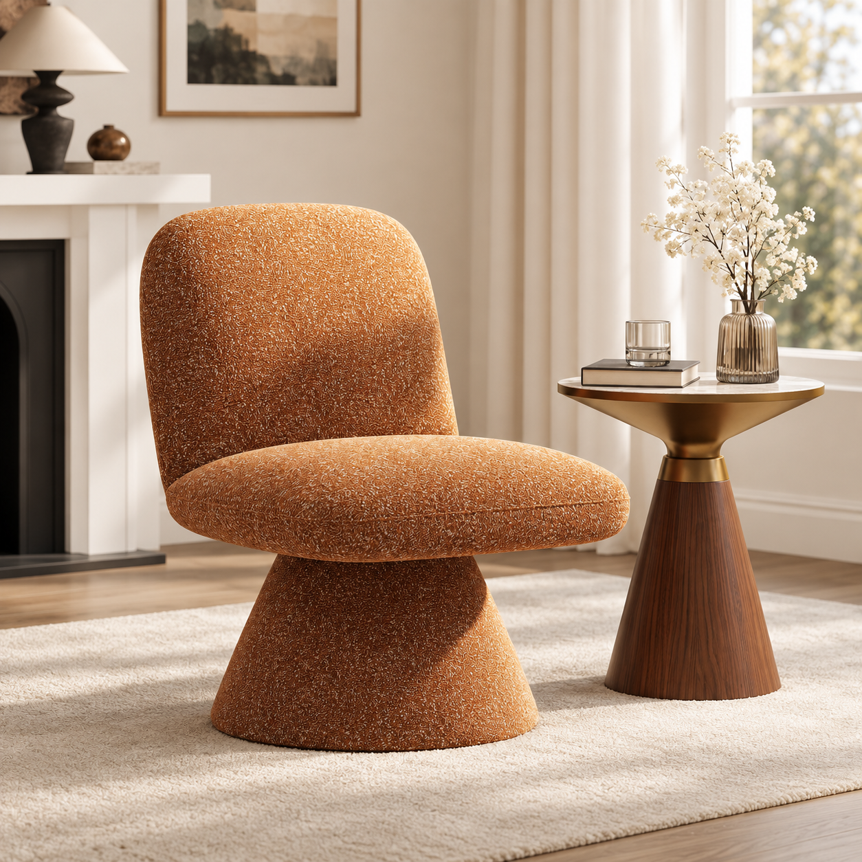 Sillón decorativo giratorio moderno de bouclé naranja de 18 pulgadas, sillón lounge escultural en forma de L
