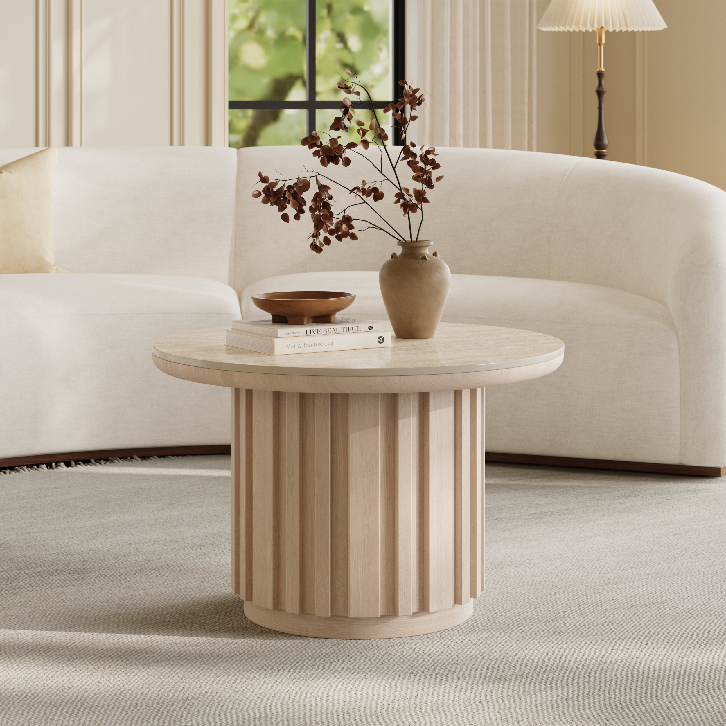 Aura Ash Wood Slatted Round Coffee Table with Sintered Stone Top